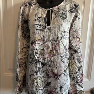 WHBM Floral Tie-Neck Long Sleeve Blouse - Cream with Pink & Black Floral